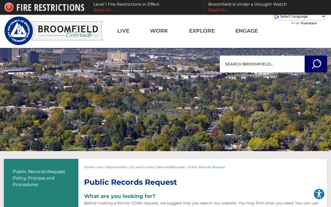 Broomfield public records request portal page