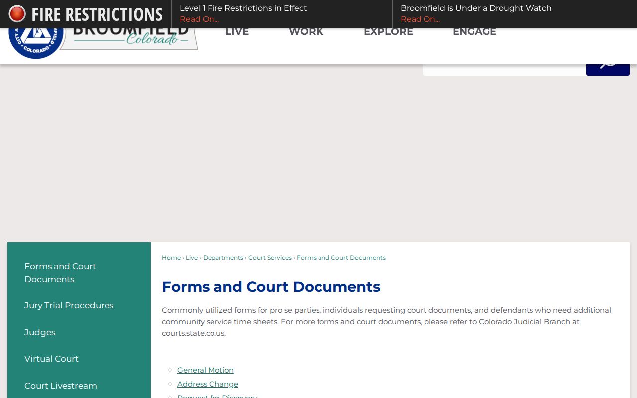 Broomfield County court dockets municipal court forms and documents page