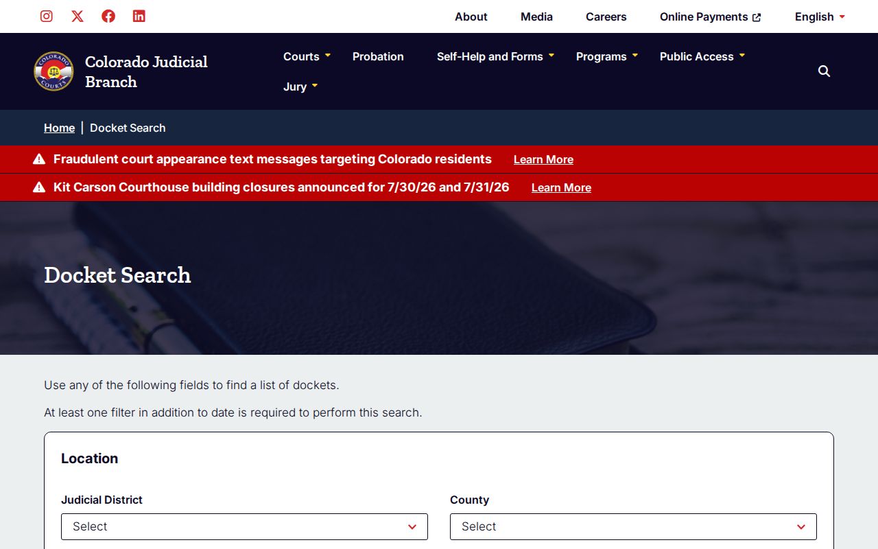 Colorado Judicial Branch docket search form for Broomfield County court records
