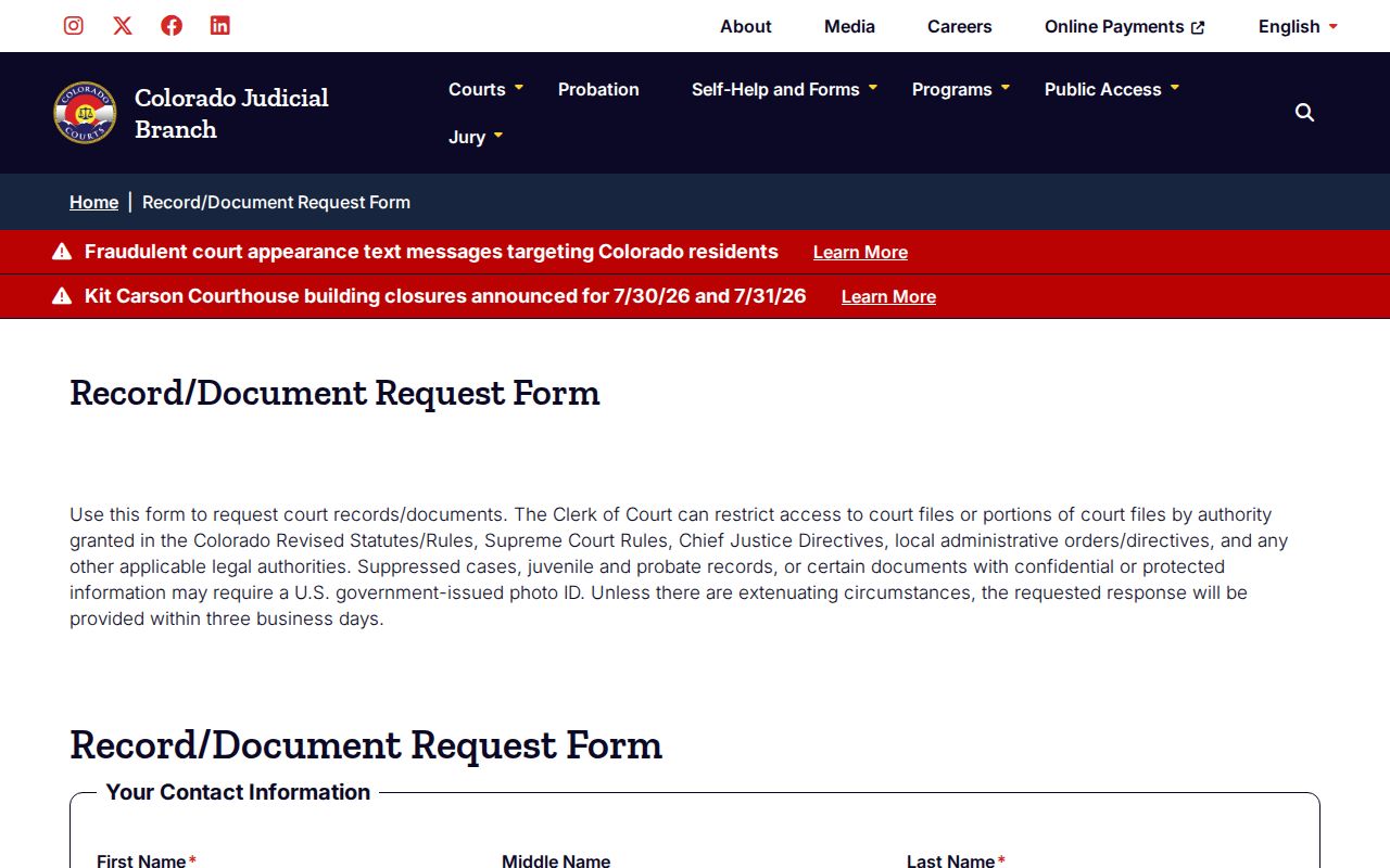 Colorado court record document request form for Broomfield County copies