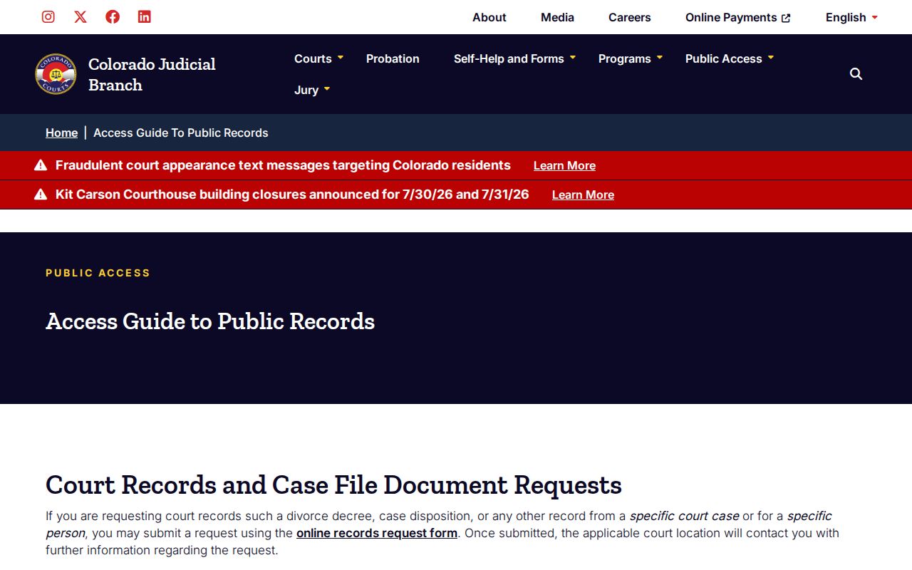 Colorado Judicial Branch public records access guide page