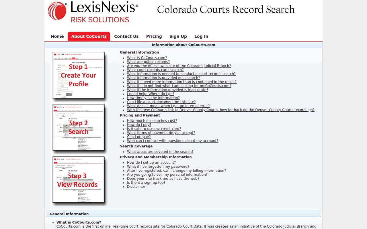 CoCourts FAQ describing Colorado Register of Action search coverage