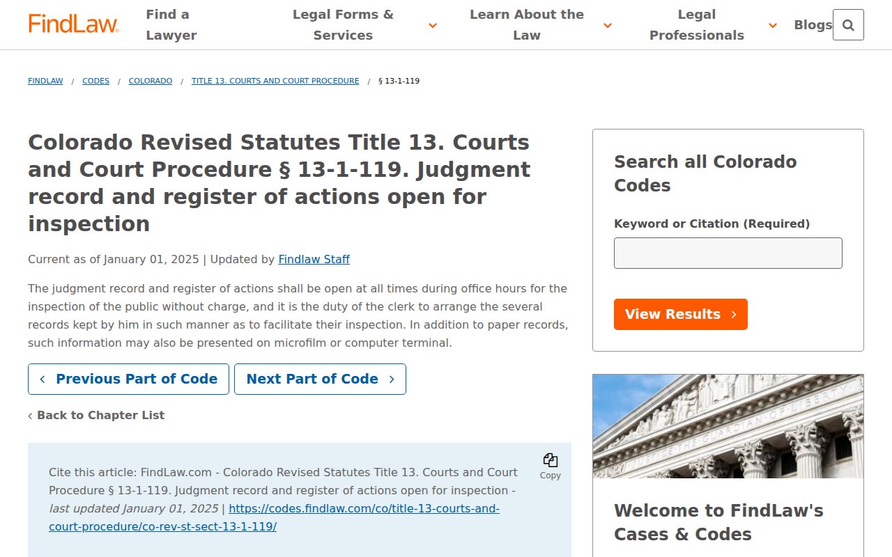Colorado judgment record inspection statute for registers of action