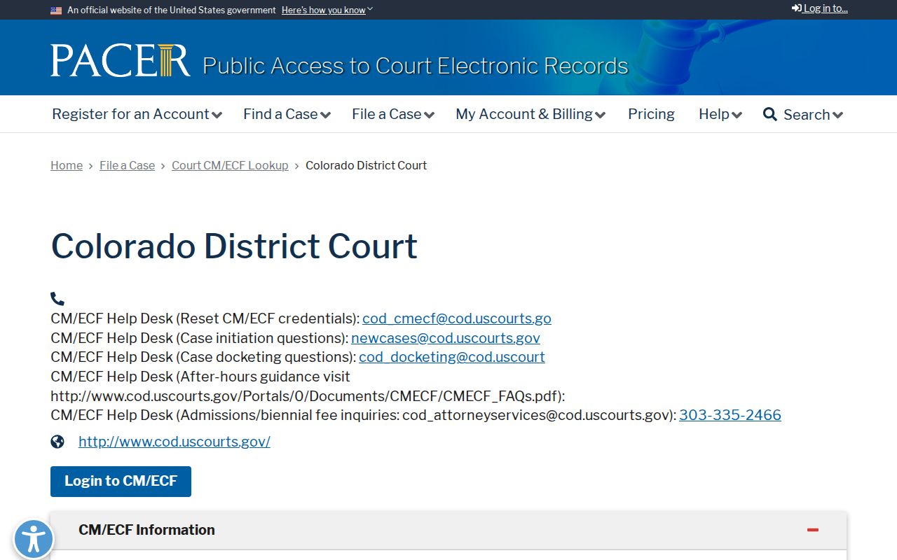 PACER lookup page for the U.S. District Court District of Colorado