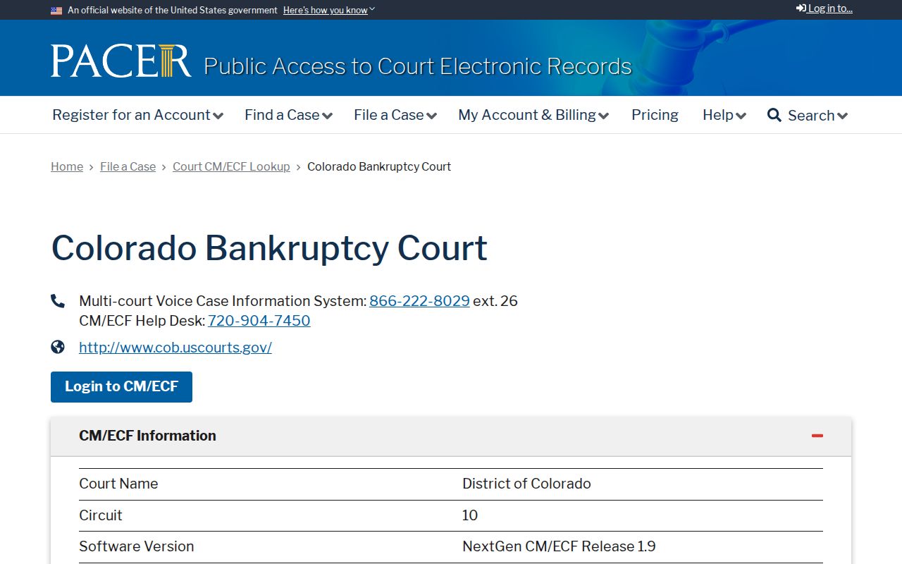 PACER lookup page for Colorado Bankruptcy Court