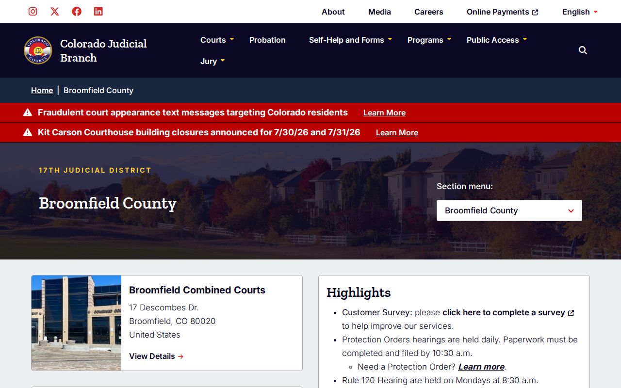 Broomfield County court records page from Colorado Judicial Branch
