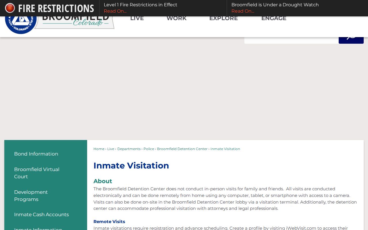 Broomfield County inmate records visitation rules page