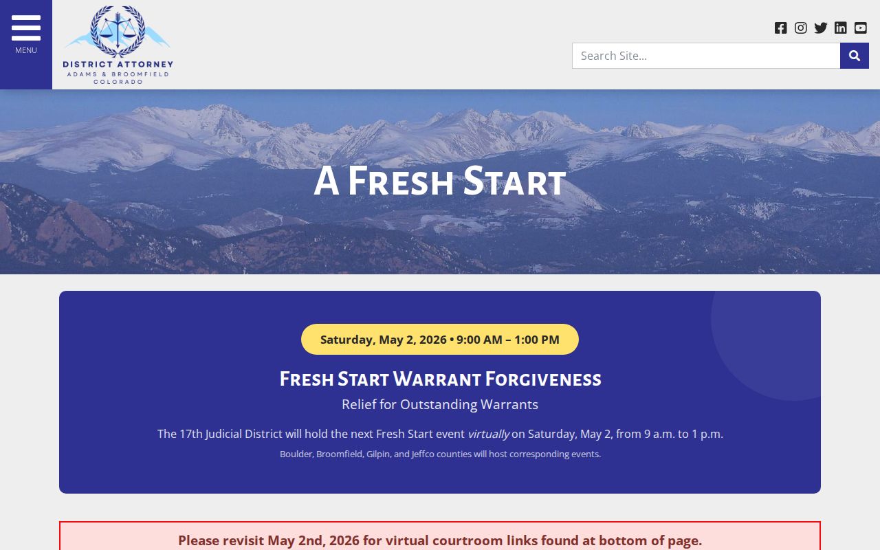 Broomfield County warrant search 17th Judicial District Fresh Start warrant forgiveness page