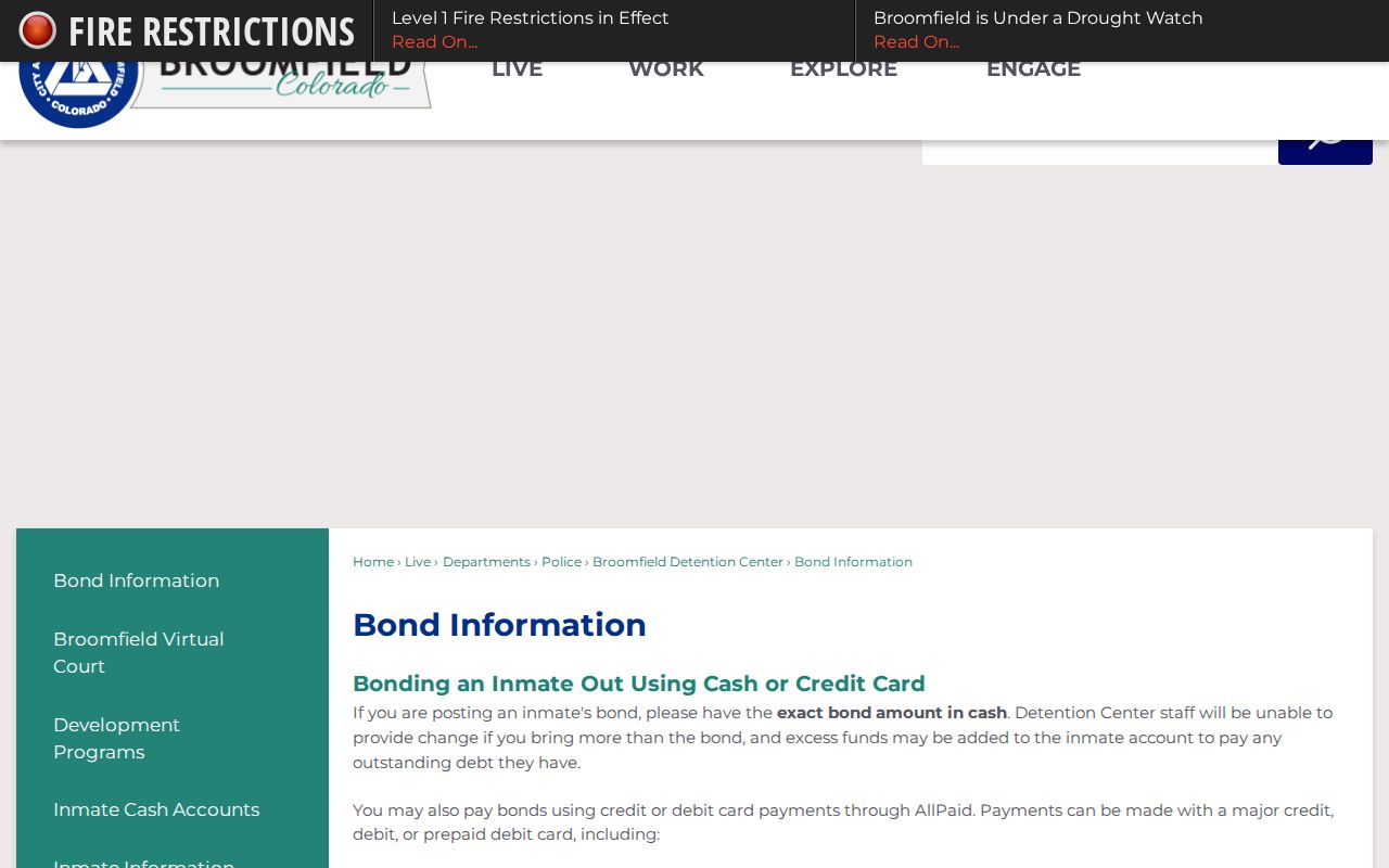 Broomfield County warrant search bond information page